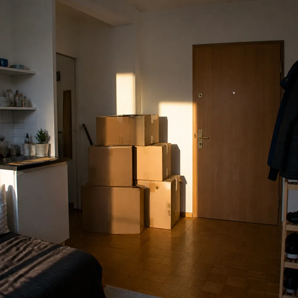 Cartons de déménagement empilés près d’une porte d’appartement