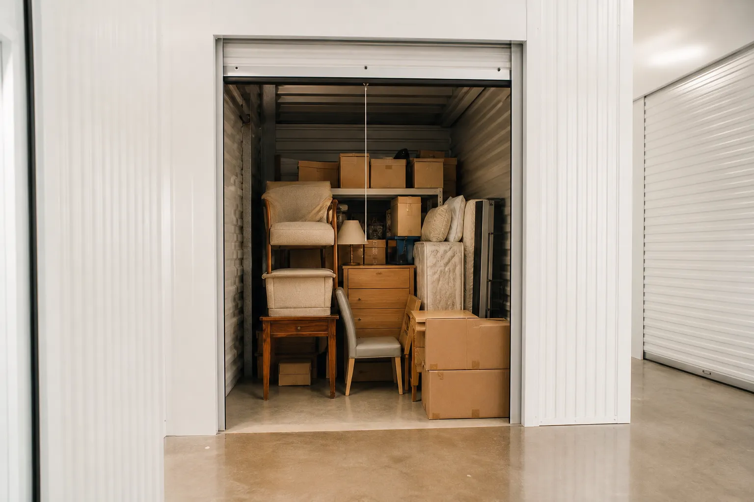 Box de stockage ouvert avec cartons et meubles empilés