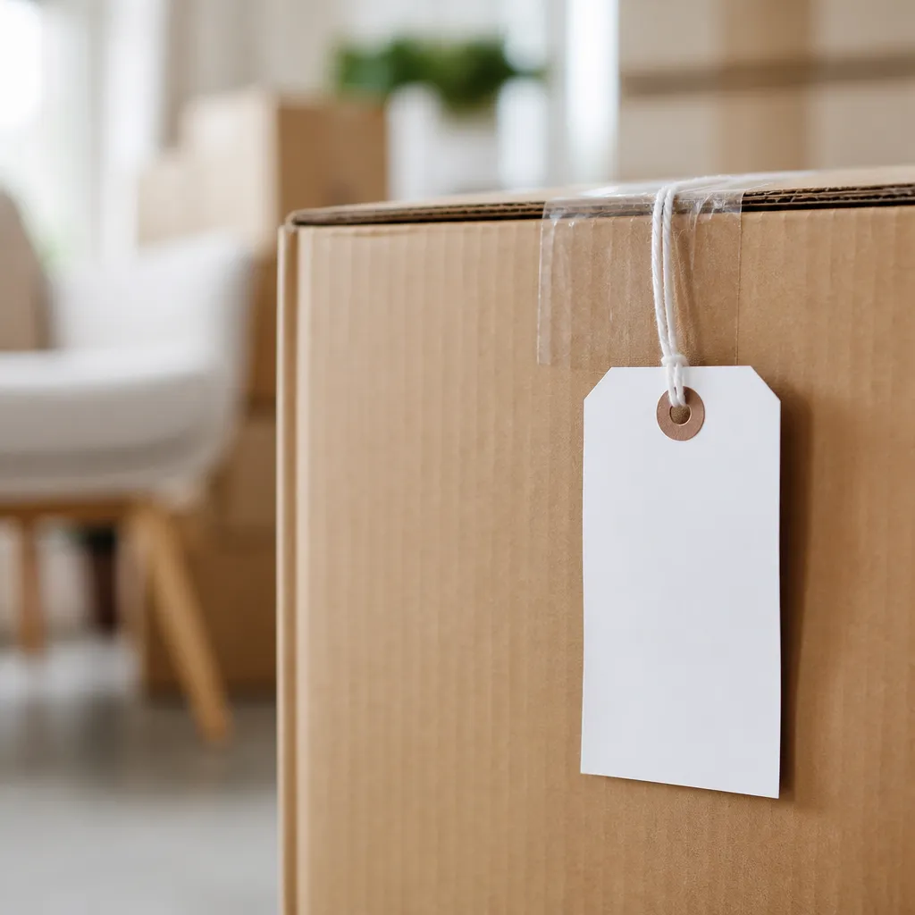 Étiquette de prix posée sur un carton de déménagement