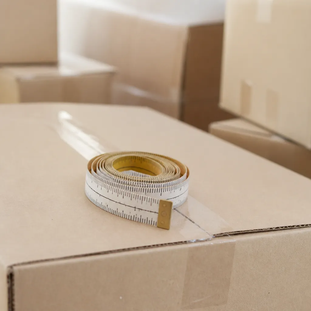 Mètre ruban posé sur des cartons de déménagement
