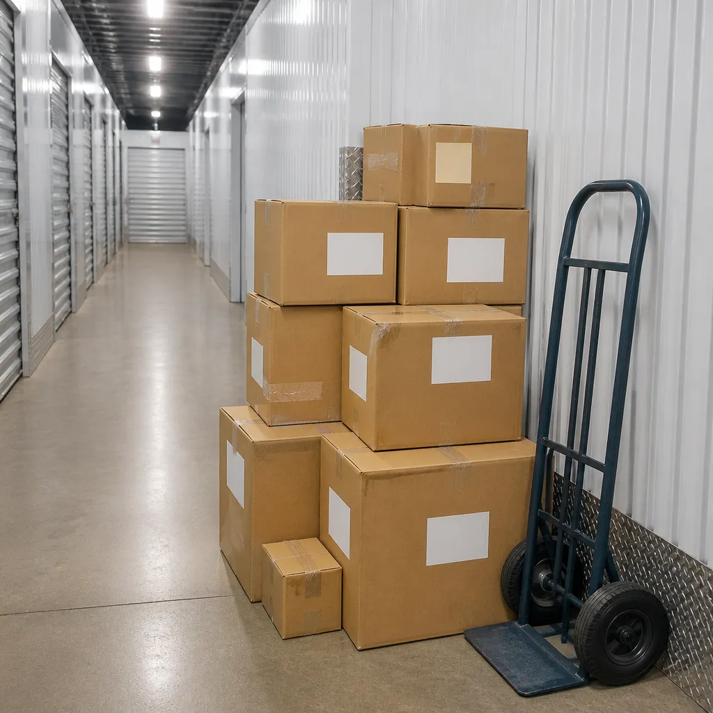 Cartons de déménagement empilés et étiquetés, prêts pour un dépôt en box