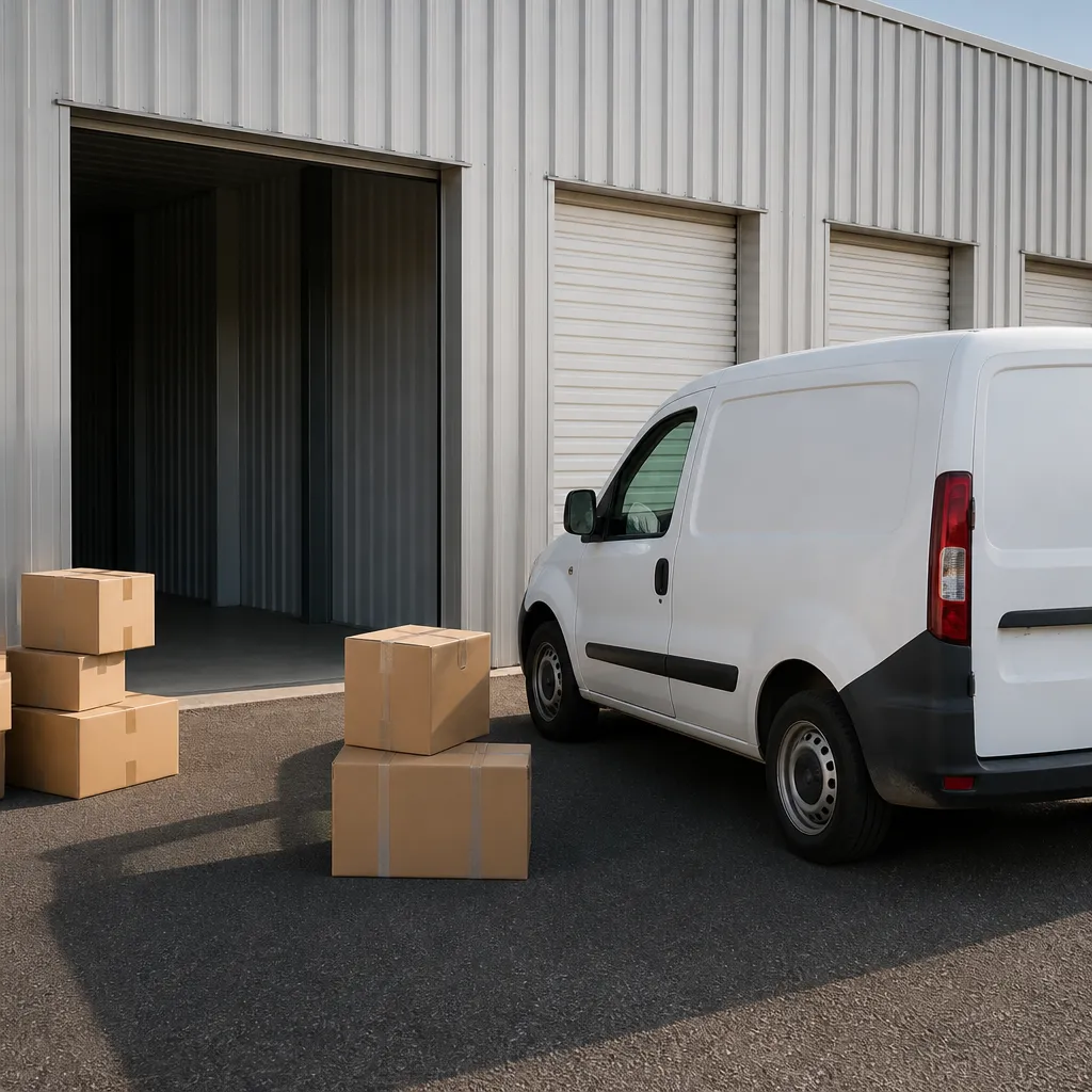 Camionnette au quai de déchargement d’un centre de stockage, prête à être vidée